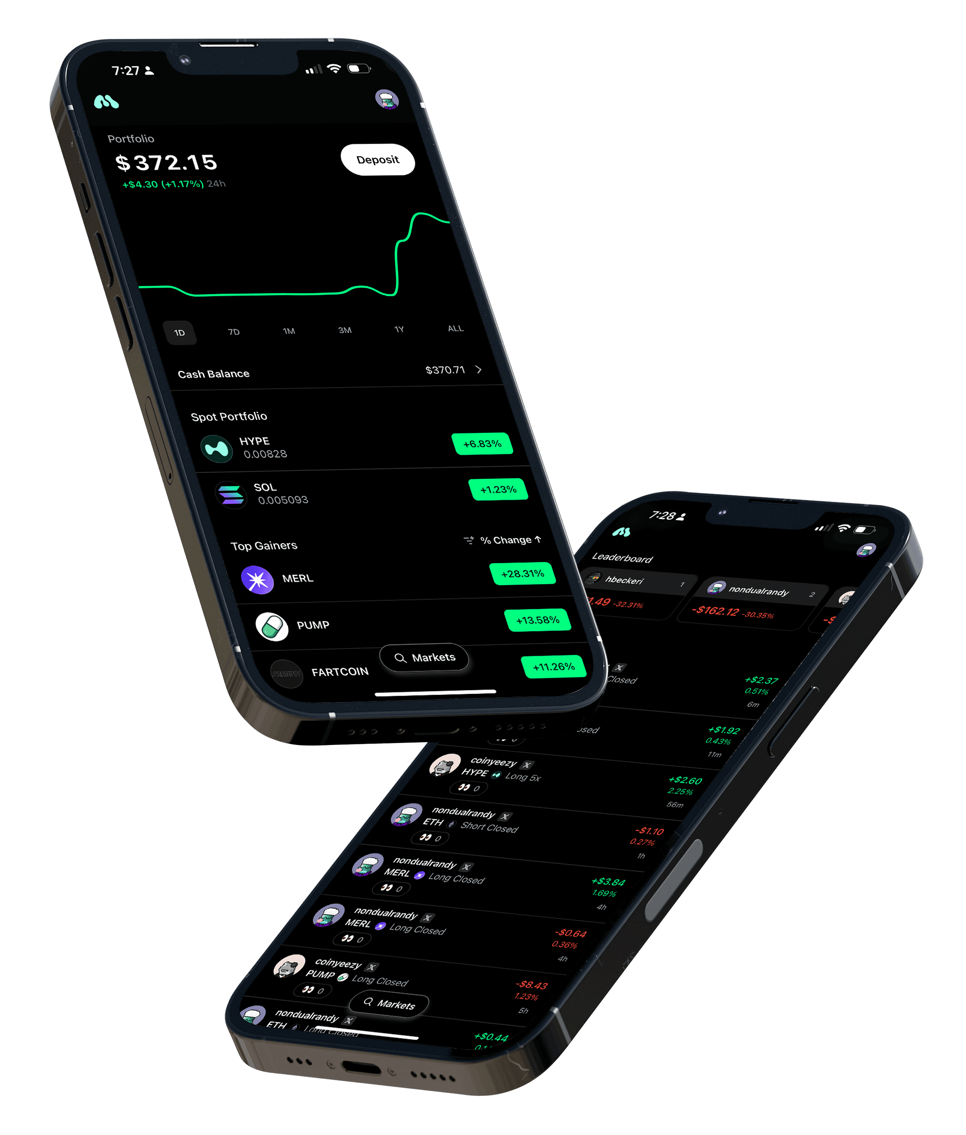 Mina mobile app screens for Hyperliquid trading